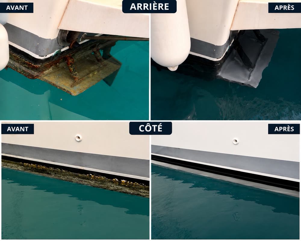 Quatre photos avant et après intervention : arrière et flanc d'un voilier, ligne de flottaison encrassée puis propre