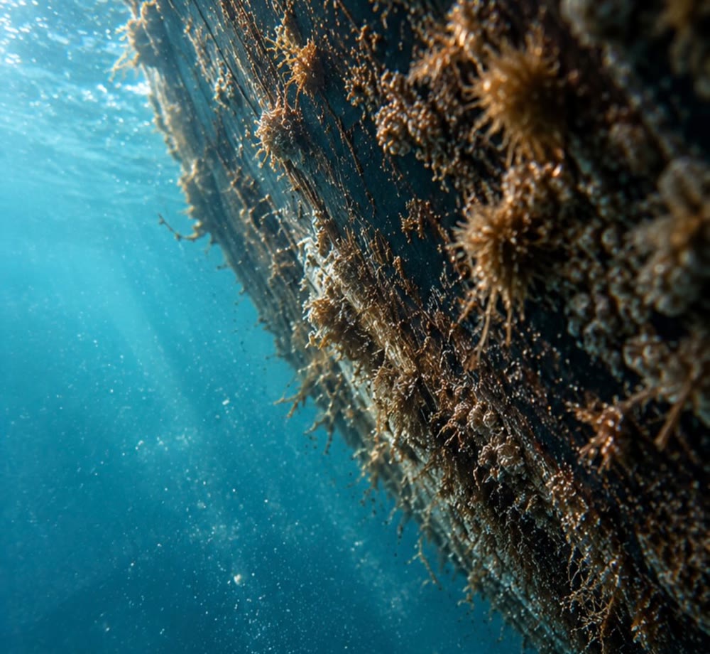 Carène couverte d'algues et de coquillages, vue sous l'eau